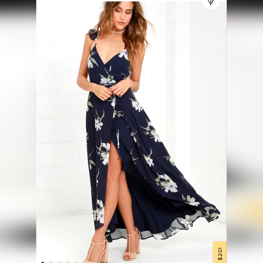 Lulu's All Mine Navy Blue Floral Print High-Low Wrap Dress size Small